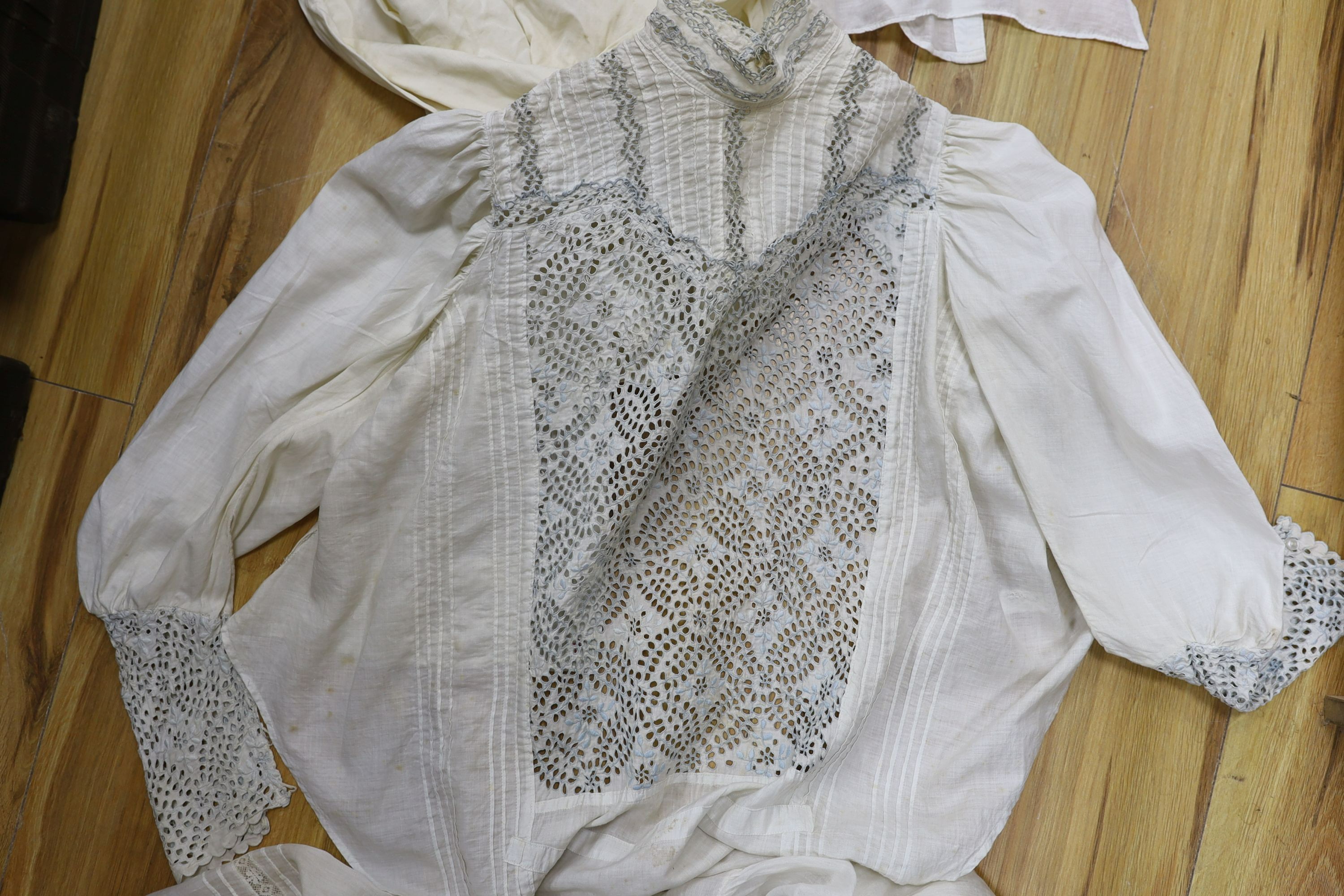 Six Edwardian fine lawn ladies summer blouses with lace and embroidered and pintucked panel and a camisole